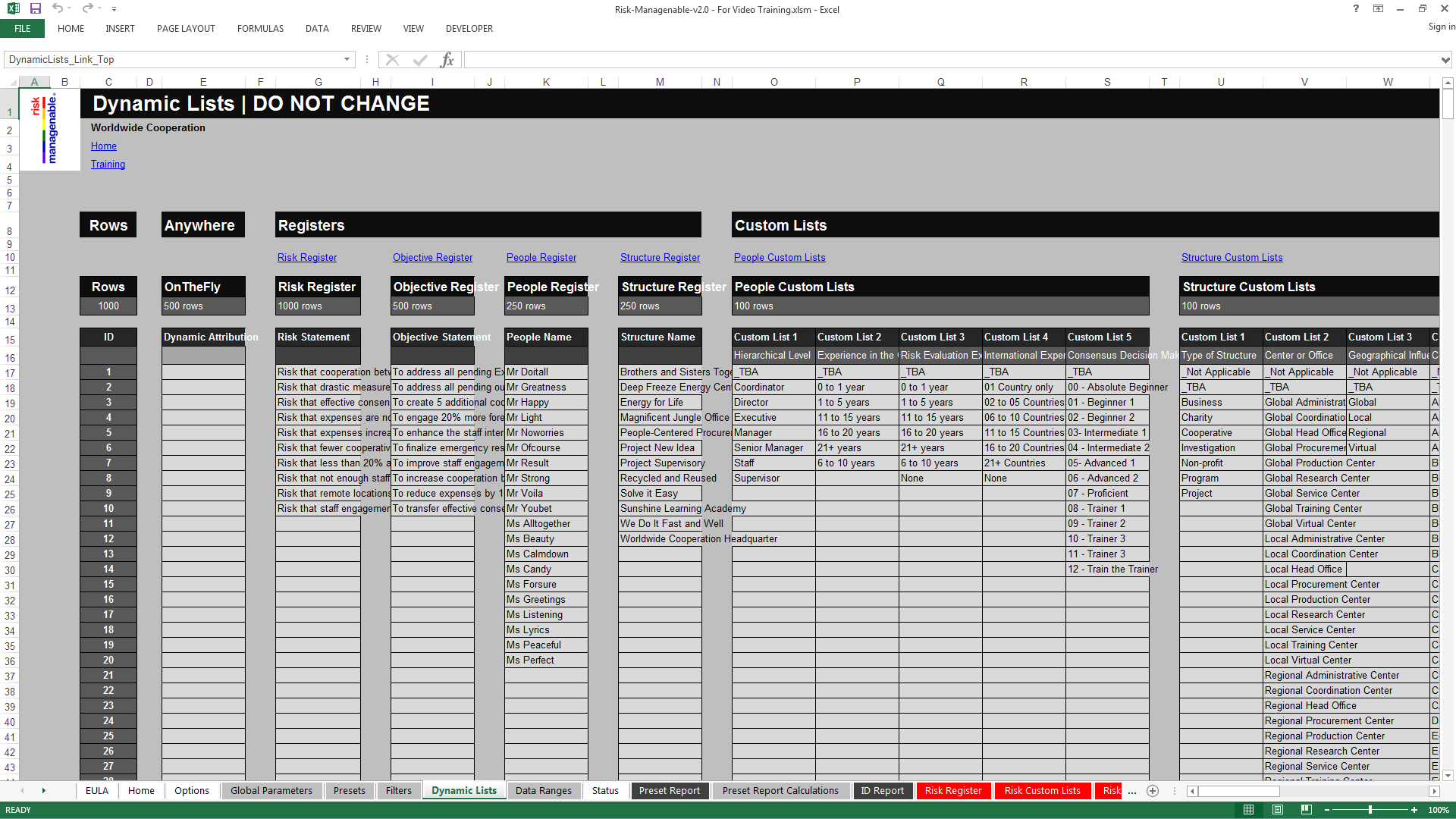 Risk Template In Excel Training Overview Dynamic Lists Tab