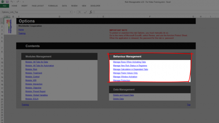 Risk Template in Excel - Manage New Risk Status Link In Options Tab