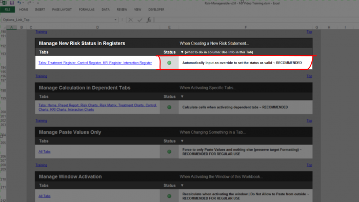 Risk Template in Excel - Manage New Risk Status Section: Recommended