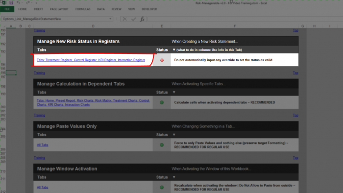 Risk Template in Excel - Manage New Risk Status Section Tabs Affected