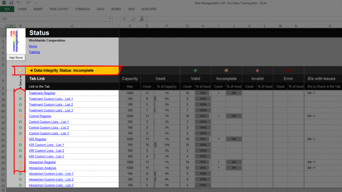 Risk Template in Excel - Status Tab: Data Integrity Incomplete