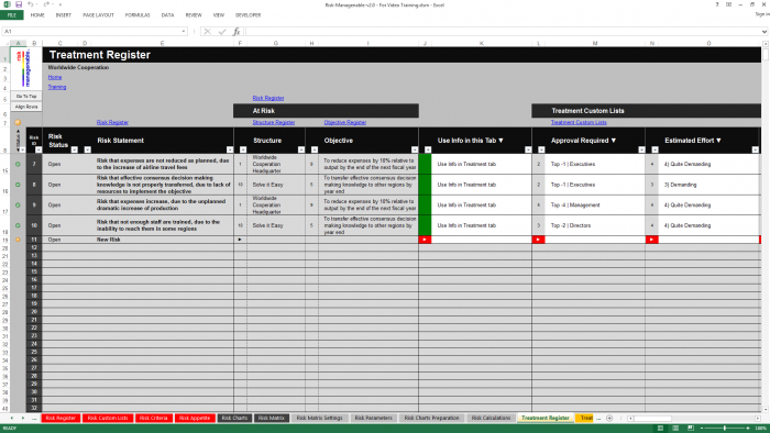 Risk Template in Excel - Treatment Register Tab