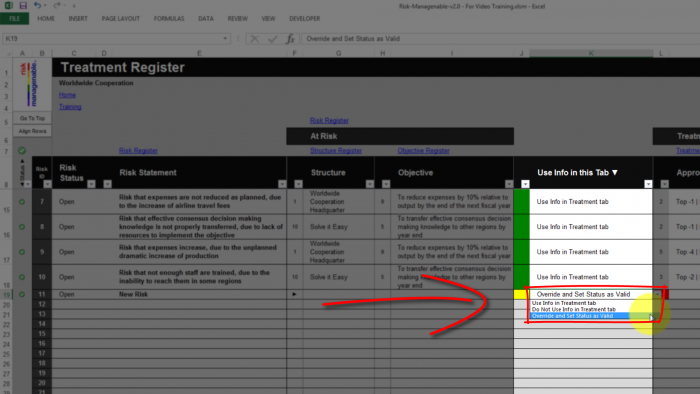 Risk Template in Excel - Treatment Register Tab: Use Info Drop Down List