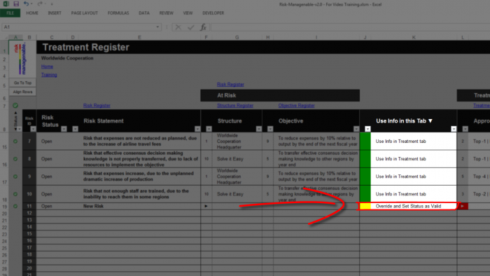 Risk Template in Excel - Treatment Register Tab: Use Info Override Status