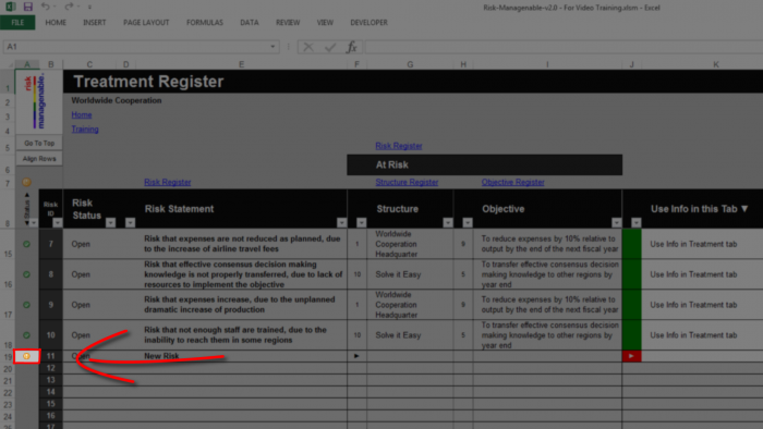 Risk Template in Excel - Treatment Register Tab: Validity Status, Incomplete