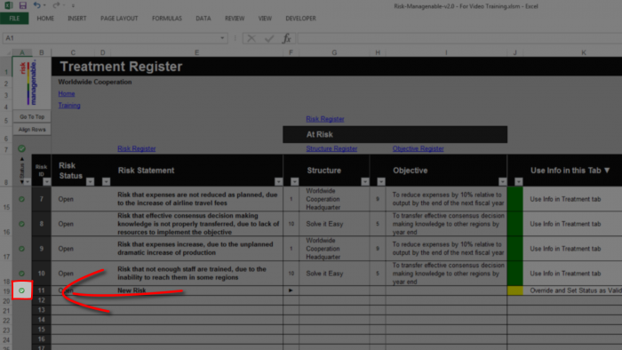 Risk Template in Excel - Treatment Register Tab: Validity Status, Valid