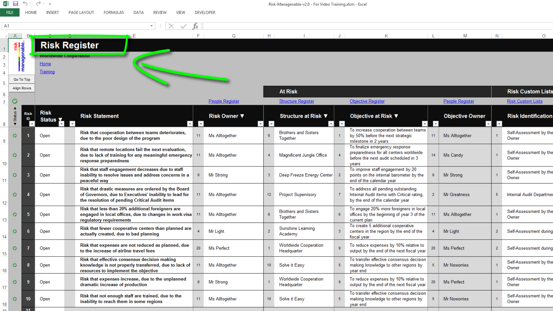 Risk Template In Excel Features Walkthrough